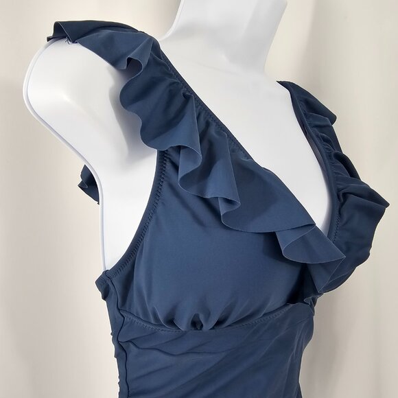 Cupshe Women's Blue Ruffled V Neck Lace Up Back One Piece Swimsuit Size M NWT - Picture 6 of 13